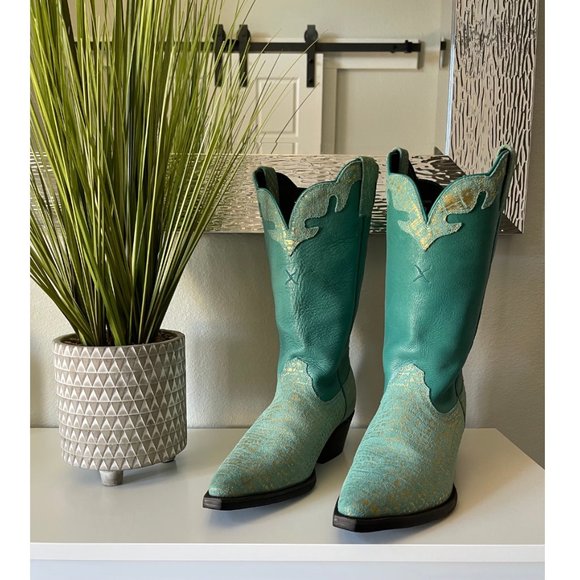 TWISTED BOOTS Leather Turquoise and Gold Cowgirl Boots